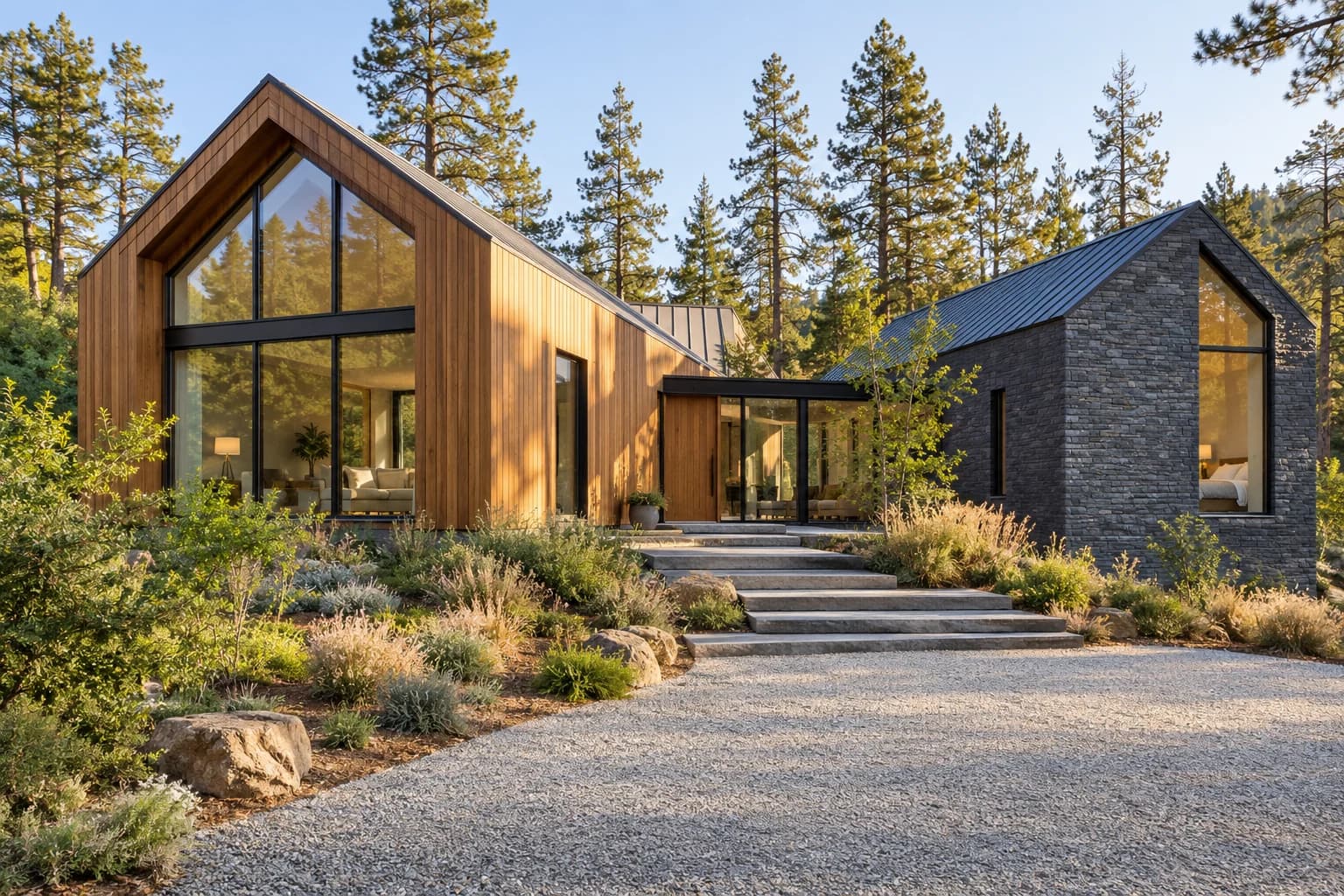 Cedar House timber and dark-stone villa with pitched roofs in a pine woodland garden