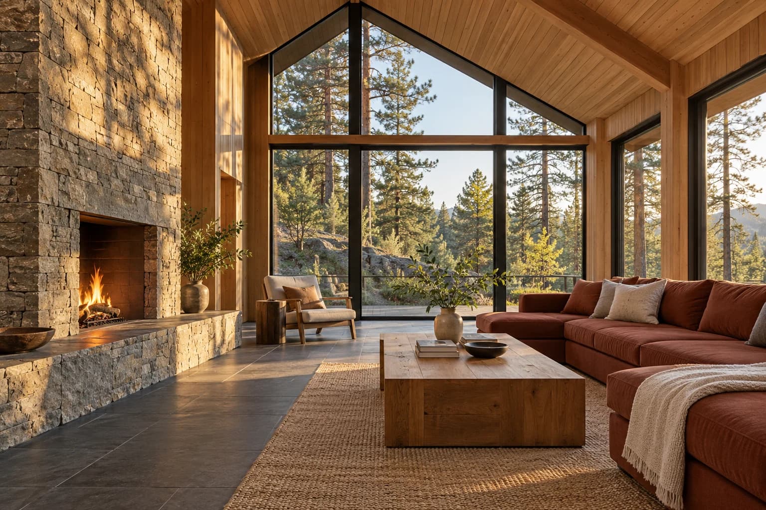 Cedar House living room with pitched timber ceiling, stone fireplace, and rust-colored seating