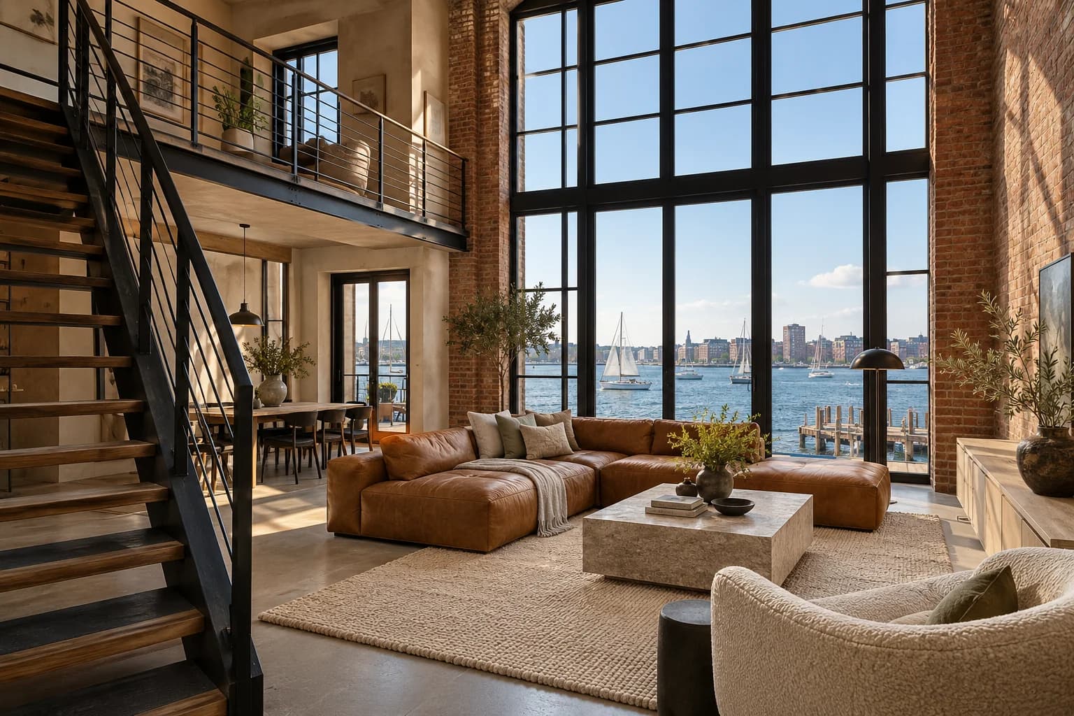 Harbor Loft double-height brick living room with black-steel stairs and sailboats outside