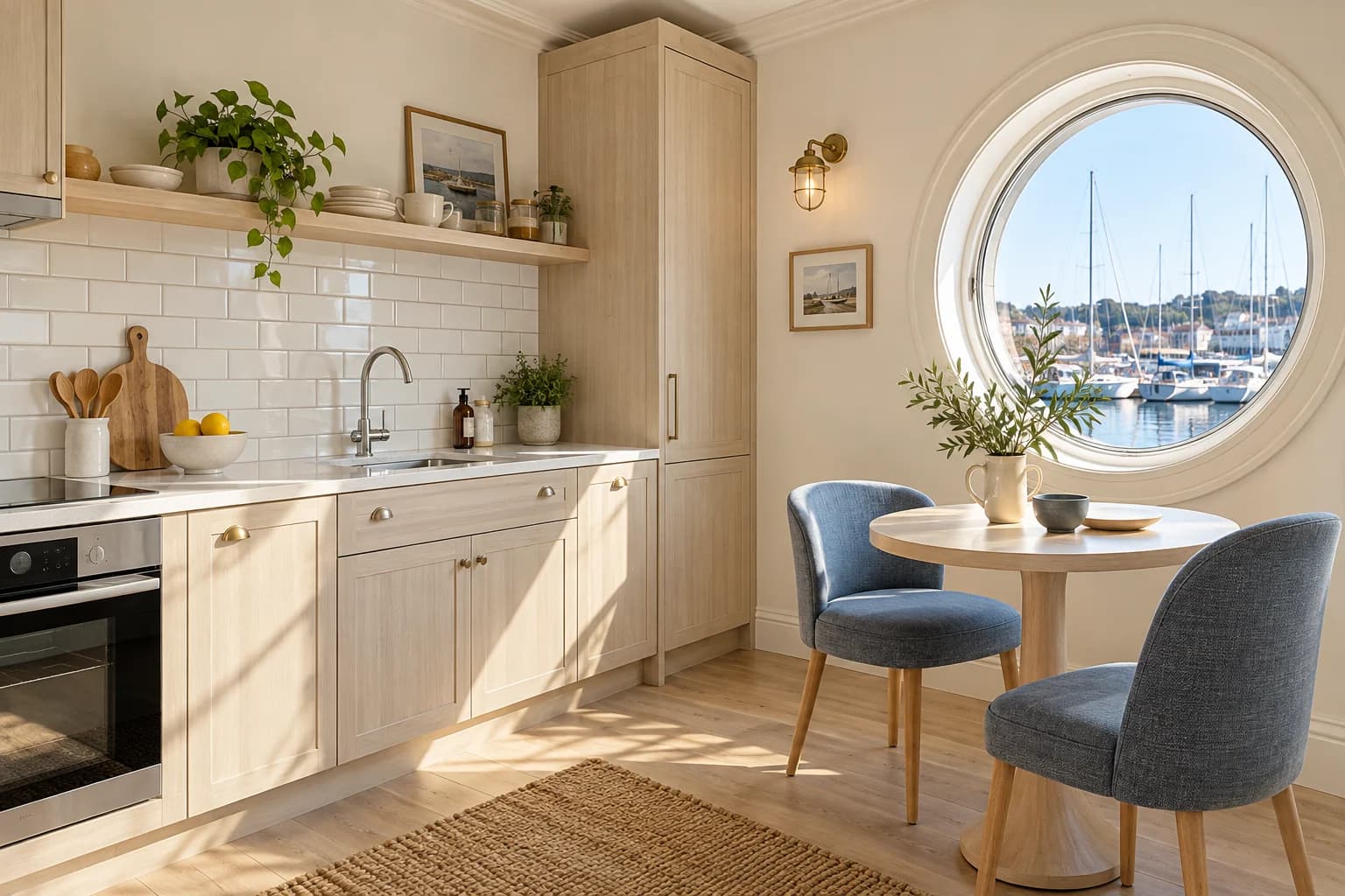 Harbor Nest breakfast corner with blue-gray chairs and a round marina-facing window