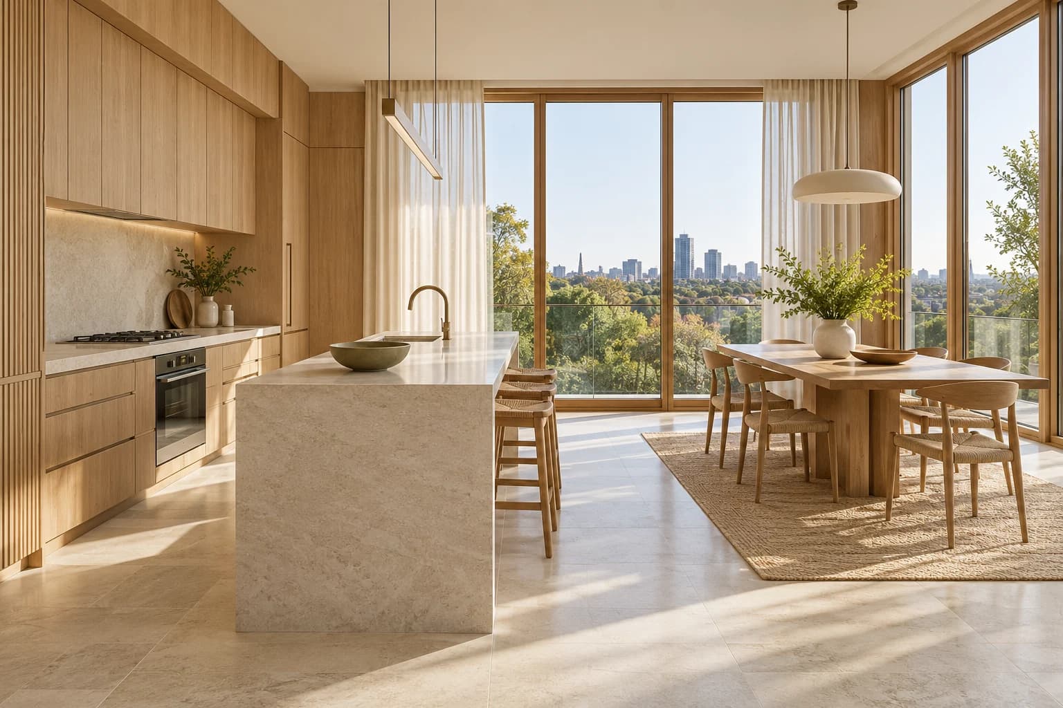 Lightwell Residence oak kitchen and stone island overlooking trees and the city