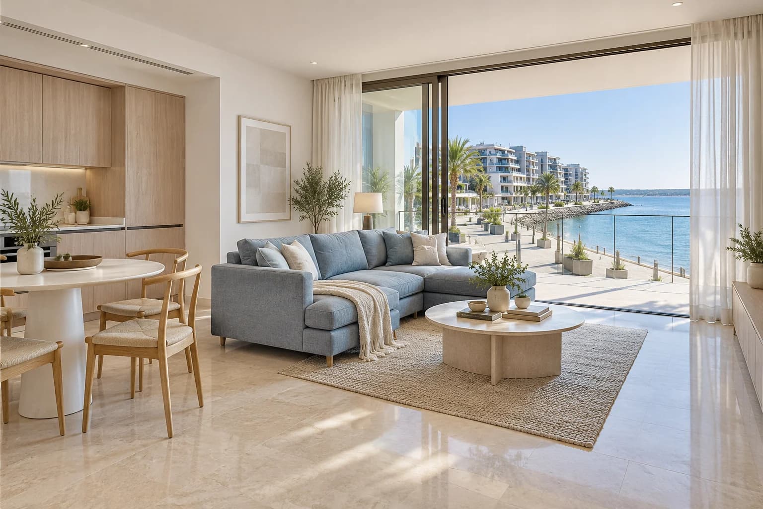 Promenade Residence pale blue-gray living room with doors facing a waterfront boardwalk