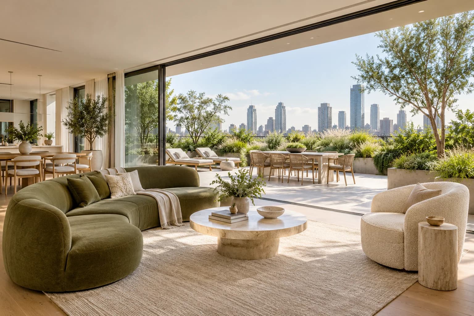 Sky Garden penthouse olive living room opening onto a planted city rooftop