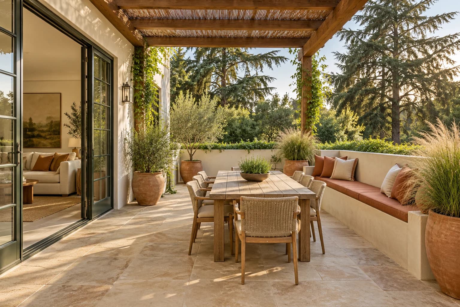 Terrace No. 8 private sandstone patio with timber pergola, built-in seating, and cedar trees