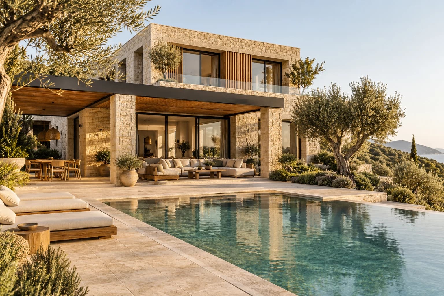 Limestone courtyard villa with a pool, timber openings, and olive trees